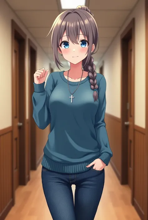 Anime women, with a u30 appearance, with a woven ponytail, blue eyes, wearing long jeans and a blue long-sleeved sweater, wearing a silver cross necklace, standing in the wooden hallway, smiling gentle smile.