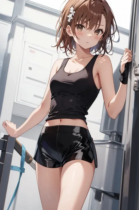 Masterpiece, 4K, Best Quality, Misaka Mikoto, Ribbon, Tank Top, Latex Shorts, Standing, Armed,Random Pose