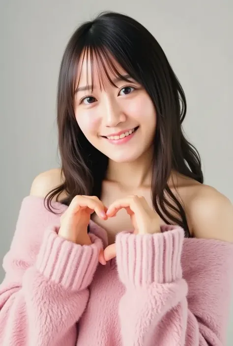 A woman with a cute smile is cute,  fluffy off-shoulder pajamas,  make a big heart with both hands , Hold it in front of your chest , View above the collarbone、  has a monotone background  、
