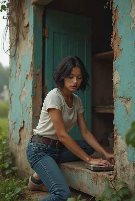 I need you to make an image of a young woman with short, wavy black hair working to restore a dilapidated house with DIY tasks.. 