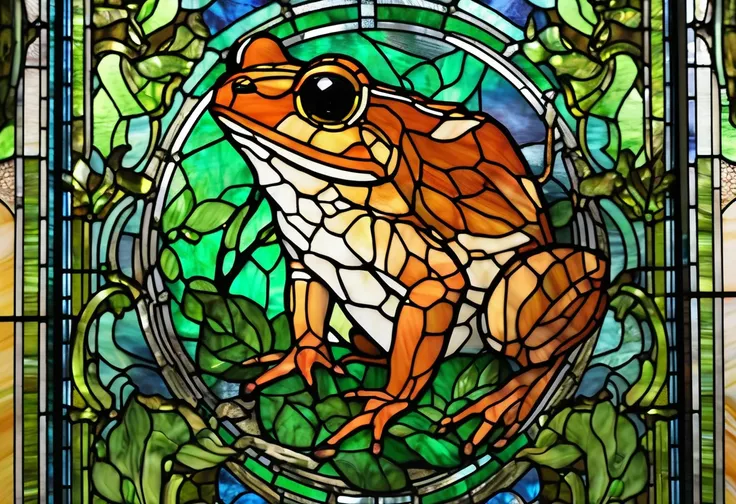 a close up of a stained glass window with a Ailurus fulgens on it, stained glass style, stained glass art, stained glass!!, stained glass, Ailurus fulgens themed, stain glass, psychedelic Ailurus fulgens, inspired by Pascal Blanché, Ailurus fulgens, green ...