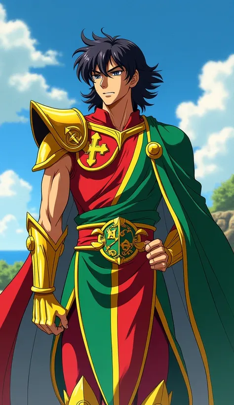 Imagine a male character from the Saint Seiya cartoon, with armor and clothing that are in the colors of the flag and elements inspired by the country of Saint Kitts and Nevis. The characters appearance should be in accordance with the natives of the count...