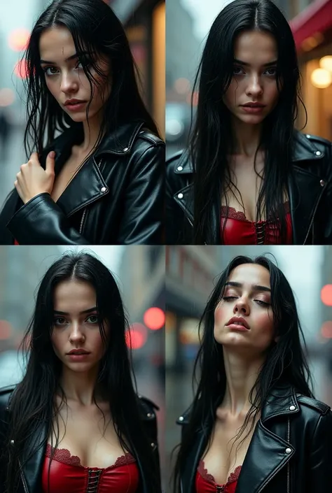 Create a collage of four images featuring a young woman with extremely long, dark, and soaking wet hair, clinging to her fair skin in sleek, dramatic waves. Her outfit consists of an oversized black leather jacket draped over her shoulders, creating a stri...