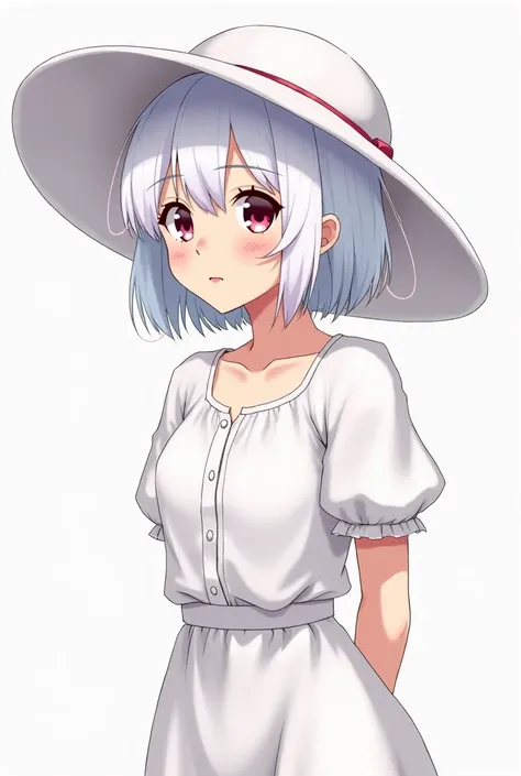 a mature anime woman, not too tall, but not too short, with pure white short hair around shoulder length, looking to the right bottom of the screen curiously, she has red ruby eyes, a white dress and a white big flat hat, also a little bit of blush, make h...