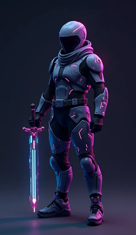 A futuristic pixel warrior character design for a crypto-gaming ecosystem, with a minimalist and clean aesthetic. The character is humanoid with sleek, glitch-inspired armor, glowing neon accents in blue and purple, and wielding a pixelated holographic swo...