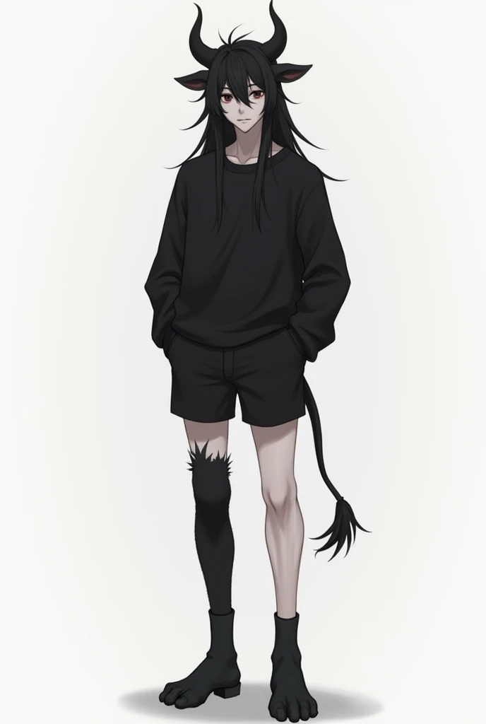 Manhwa,He has a tall, slender and slim body, pale skin,long black hair, black eyes, black curved horns, ears and tail like a cow,The lower body has black fur.both legs Has knees that bend backward and have black cloven hooves.Wearing a black sweater and bl...