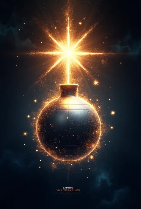 An abstract and creative design combining the concept of a bomb and a star. The bomb has a metallic, glowing surface, and its fuse transforms into a radiant star with a luminous trail. Surrounding the bomb are sparkling stars and cosmic energy, creating a ...