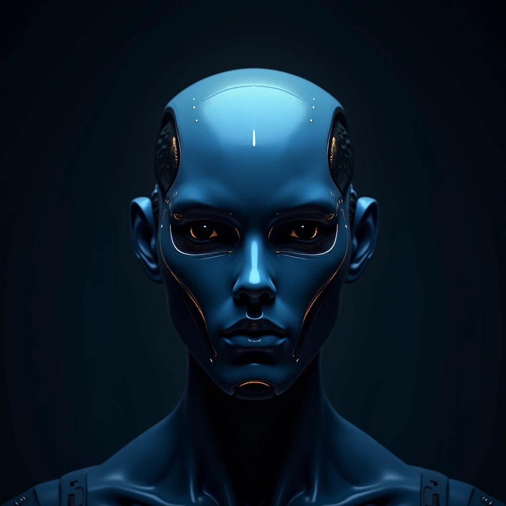 clear, attractive robot face, male, dark and light blue face, innovative 2.5D, looking front, dark background, no extra lighting