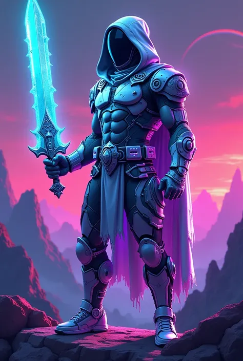 A futuristic yet retro-inspired character design for a crypto-gaming ecosystem called NeoRetroWorld. The character is a humanoid pixel-based warrior with glowing neon edges, blending 1980s pixel art with modern, sleek digital effects. The character is equi...