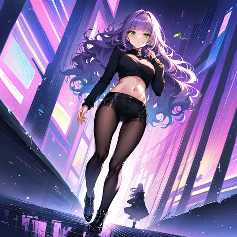 a masterpiece, beautiful eyes, a beautiful face, beautiful depiction, details, solid blue Skyscrapers background, ultra detailed, 8K, pale-purple hair, a dynamic angle, wavy hair blowing in the wind, blunt bangs hair, black and green eyes, A black tank top...