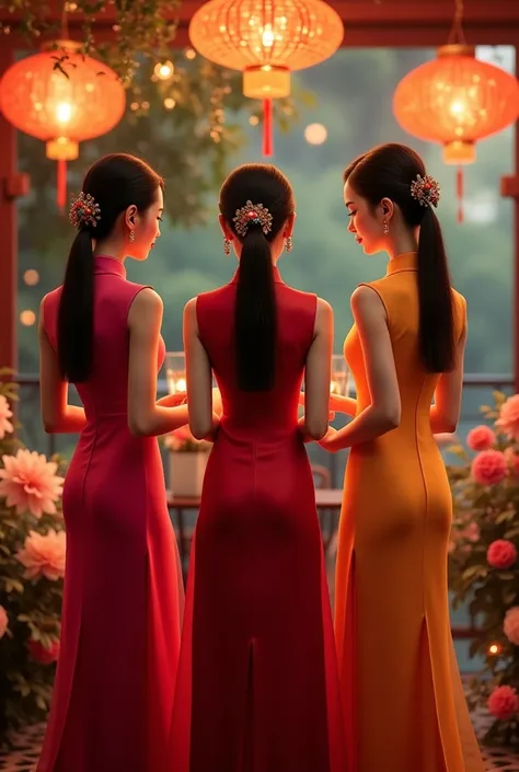 Vietnamese women celebrate traditional New Years Eve party with long flowing dress