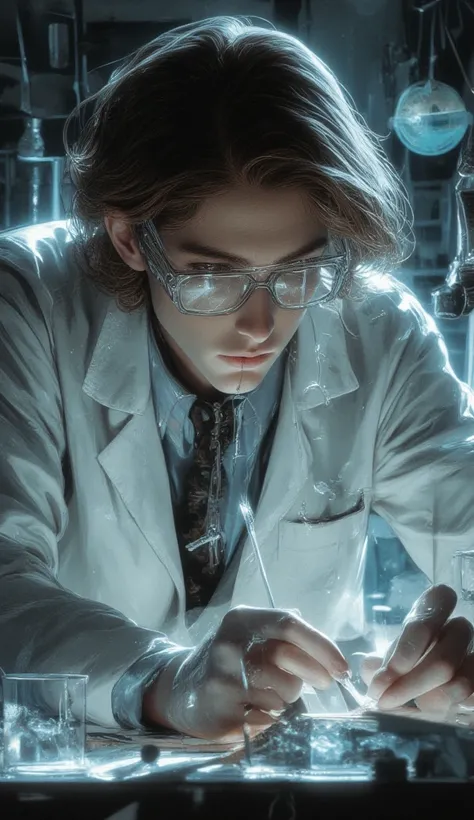 The lab doctor is handsome, has brown hair, wears transparent experimental glasses, a white coat, and experiments with test tubes in the lab