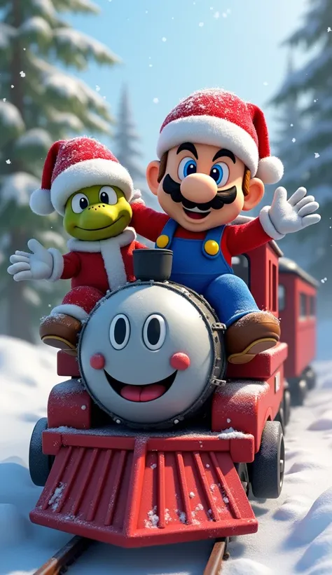 Super Mario and Crazy Frog celebrating the winter season, both dressed in Santa Claus outfits. They are riding a red train with a cheerful face on the front, featuring big eyes and a wide smile. Snow is falling all around, trees are covered in snow, and th...