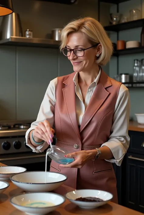 Dame de 40 ans. Cheveux Blonds. Coupe au carré courte. Elle porte des lunettes rondes aux verres transparents. Elle porte une veste tailleur rose, un pantalon pattes déléphant en cuir noir et des bottes pointues en cuir noir. Plusieurs assiettes sont sur u...