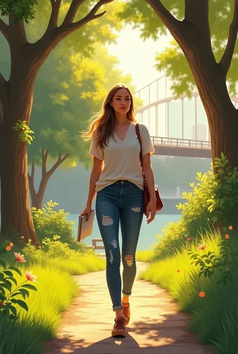 Ava is a productivity consultant who combines expertise with empathy. She is depicted walking in a lush park holding a notebook, with golden sunlight filtering through the trees, her expression thoughtful yet serene. The environment blends natural beauty w...