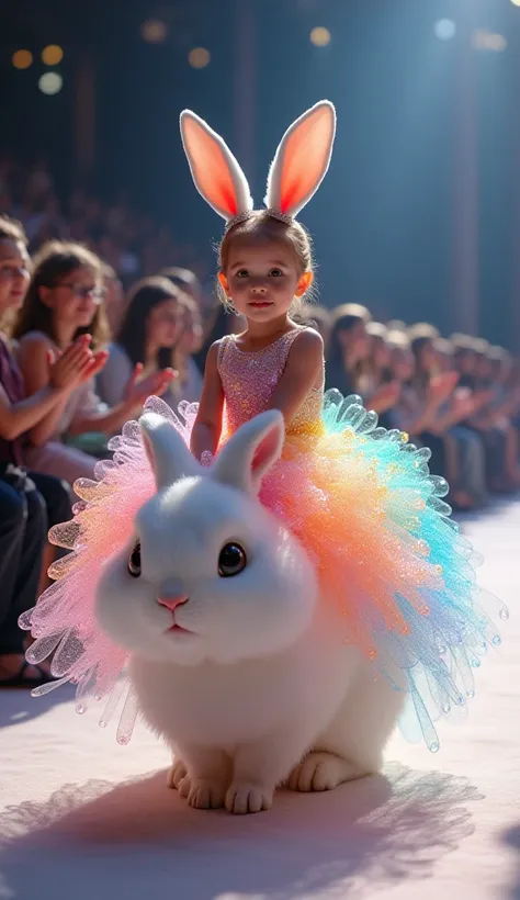 An adorable 12-month-old baby girl wears a special dress made of multi-colored sparkling bubbles that reflect the colors of the rainbow. The dress comes to life under the fashion show lights, giving it a magical glow. The baby girl gracefully sits on the b...