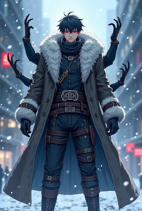 
The set is modern.
Anime male 4 arm winter + villain Winter outfit, furry, new design. The characters are handsome, cool, and evil. Japanese anime style, has 4 arms, cool outfit design.