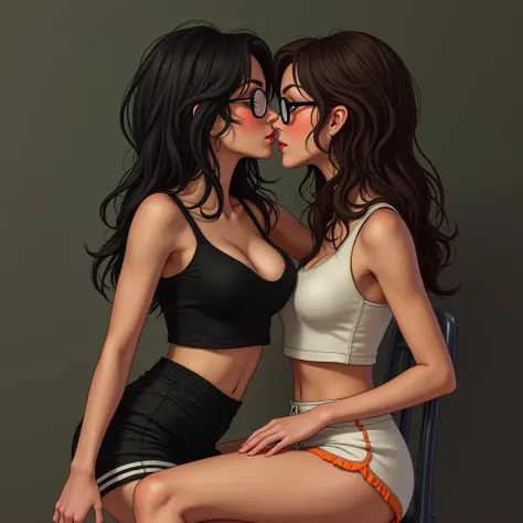 A 20 y/o skinny muscular white girl who wears a black cropped tank top, short black shorts which has white stripes, she also wears glasses and has black long hair. who is on top of a younger, shorter woman with long brown hair. the woman is wearing glasses...