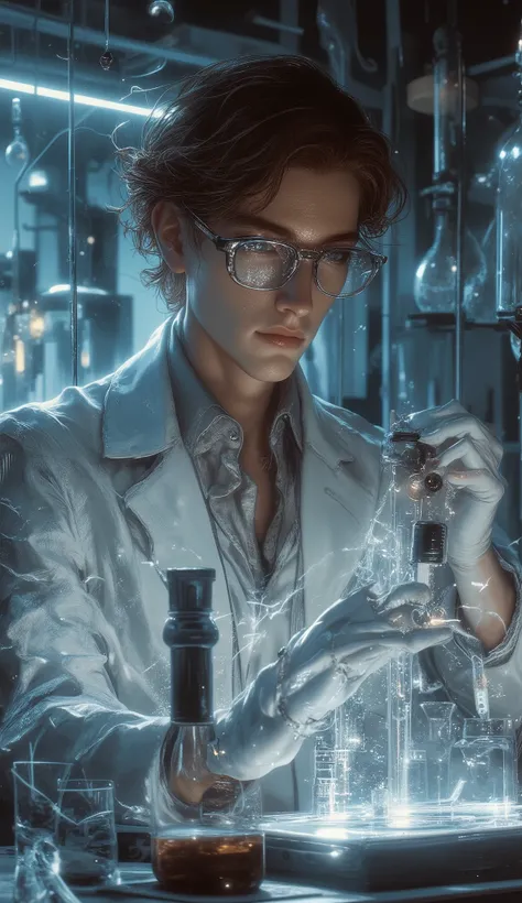 The lab doctor is handsome, has brown hair, wears transparent experimental glasses, a white coat, and experiments with test tubes in the lab