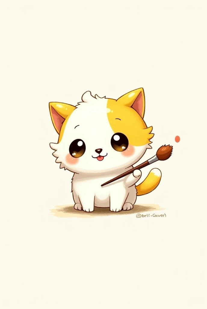 A drawing of a white puppy cat with a yellow head with a brush in its hand in the simple handmade cartoon style 