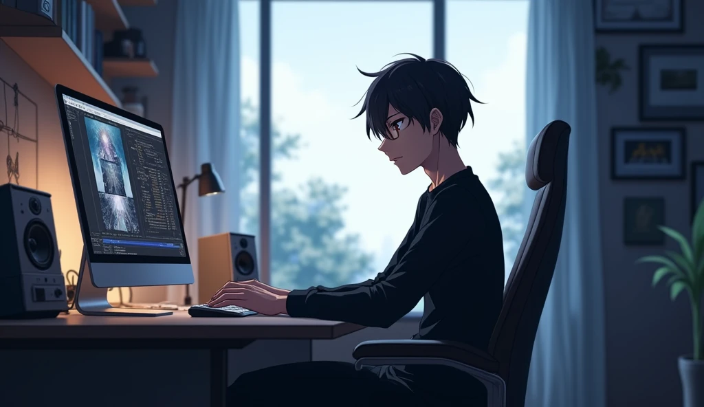 "A male anime character sits in a content creators room. The character is seated in a modern chair, places both hands on the table in front of him, and looks either at a screen or directly ahead. He has black hair and brown eyes, and wears a black long-sle...