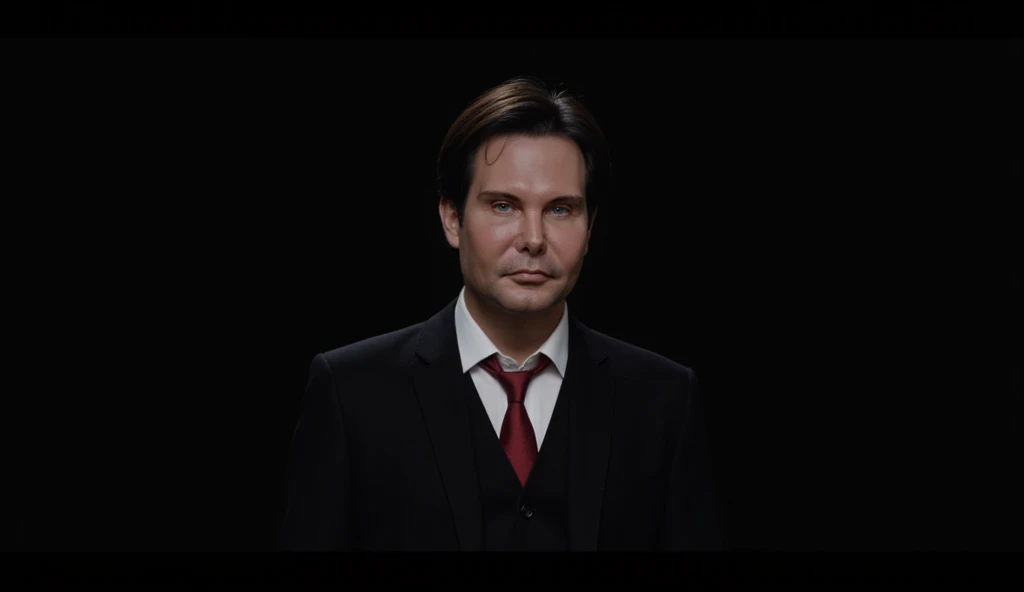 studio portrait of a male model, half-body shot, wearing a black suit, white shirt, black vest, black jacket, and a red tie, standing against a dark background, hiper realism, 8k, high definition, highest detail