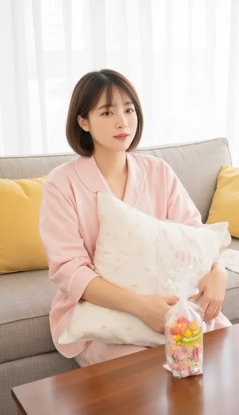 Character Settings: Same woman、In pajamas。
background:  living room at home、 bright lighting 、Couch and cushions visible 。
 pose:  facing the man while holding the cushion「please～」 like they say 。
 expressions:  innocent smile。
Props: A bag of sweets on th...