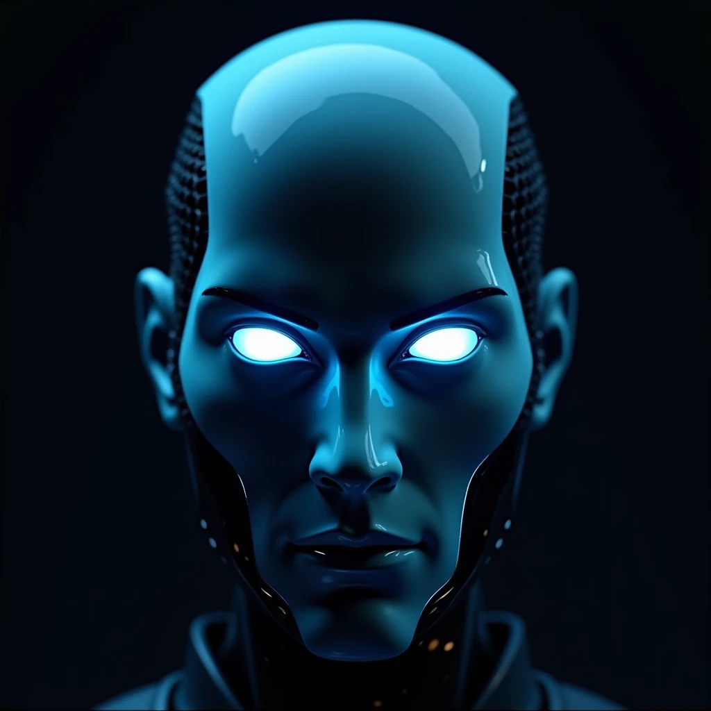 clear, attractive robot face, male, dark and light blue face, innovative 2.5D, looking front, dark background, lighting on face