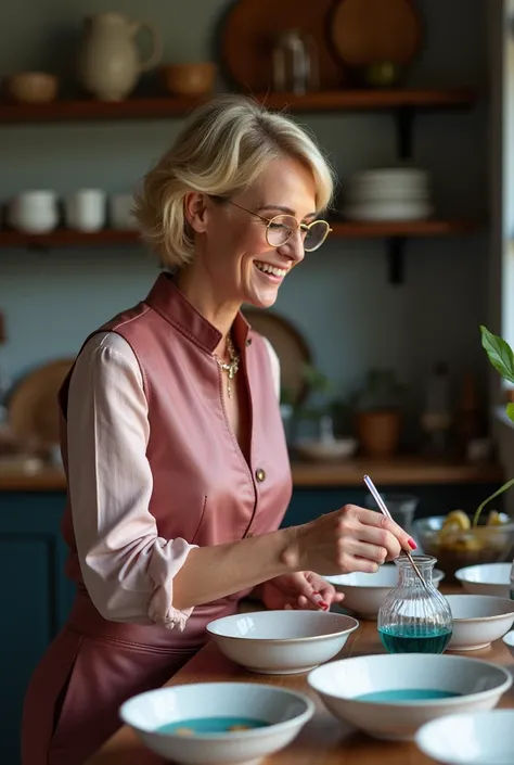 Dame de 40 ans. Cheveux Blonds. Coupe au carré courte. Elle porte des lunettes rondes aux verres transparents. Elle porte une veste tailleur rose, un pantalon pattes déléphant en cuir noir et des bottes pointues en cuir noir. Plusieurs assiettes sont sur u...