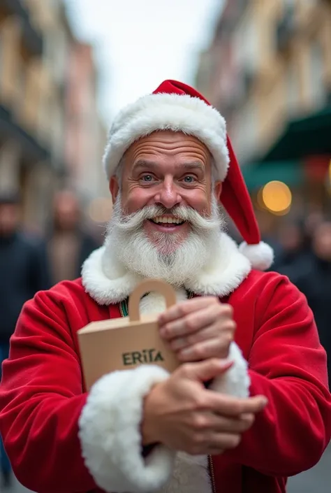 A youngman in the santa costume wearing a uber eats bag taking a selfie
