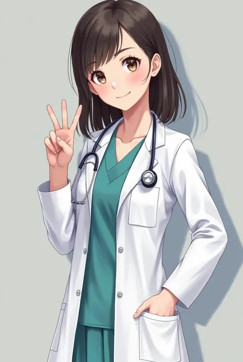 Realistic style of a girl 18 years old with a doctor uniform her hair reaches to her nick and brown eyes throwing a peace sign. Small mouth small ears thin eyebrows medium nose circular face.