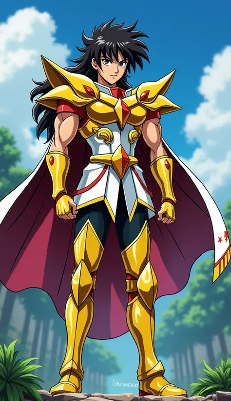 Imagine a male character from the Saint Seiya cartoon, with armor and clothing that are in the colors of the flag and elements inspired by the country of Trinidad and Tobago. The characters appearance should be in accordance with the natives of the country...