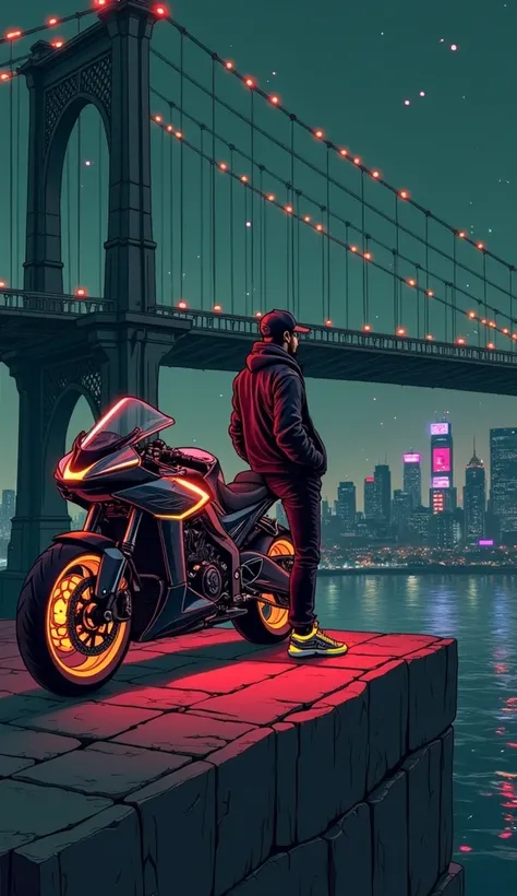 An artistic animated scene of a cool, laid-back guy standing next to his parked futuristic motorbike on the side of a glowing suspension bridge at night, gazing out at a sprawling city below. He leans casually against the motorbike, overlooking the vibrant...