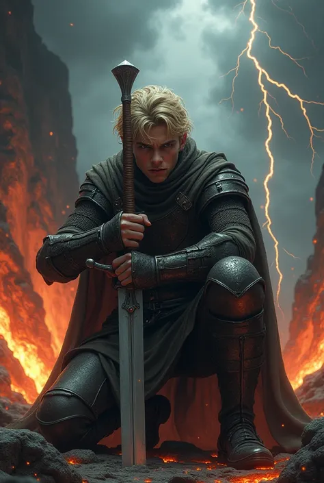  A blond young man wearing medieval fantasy armor knelt down, stuck a large sword vertically into the ground with both hands, and opened his mouth in anger. Fire effect, Fantasy.  dark background, Lava flowing out , thunder and thunder ,  dark sky