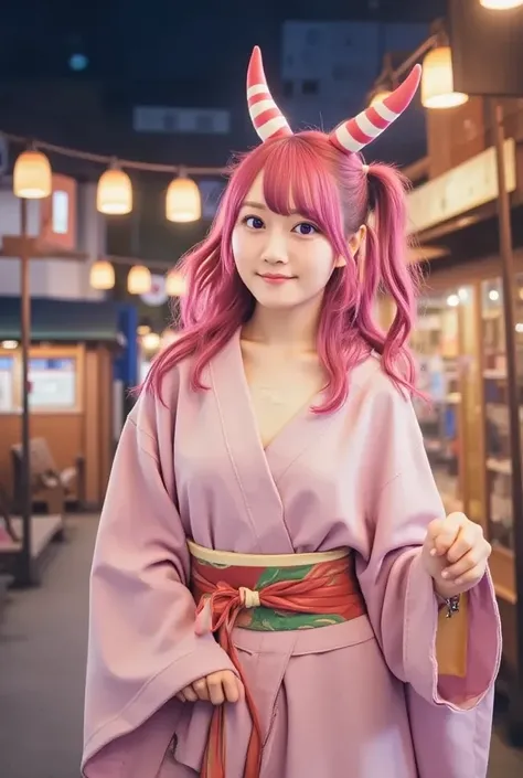 A 1 demon girl with a Hair middle, pink hair, purple eyes, wearing a yukata, and holding a bag, Festival in Japan At night, Cute smile.