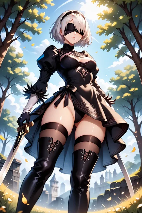 
1girl, 2b (nier:automata), nier (series), mature girl, mature face, beautiful girl, graceful and feminine, extremely detailed skin, extremely realistic skin, thin waist, ((without blindfold)), (ultra intricate blue eyes), eyeliner, ((she holds her sword i...