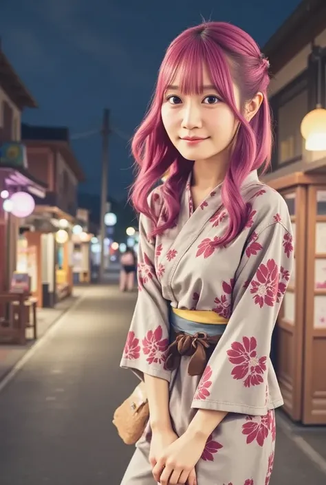 A 1 demon girl with a Hair middle, pink hair, purple eyes, wearing a yukata, and holding a bag, Festival in Japan At night, Cute smile.