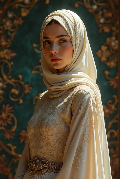 a Muslim woman with a shimmering gown