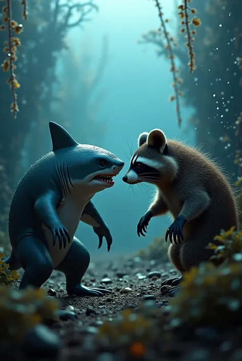 Shark and raccoon facing each other