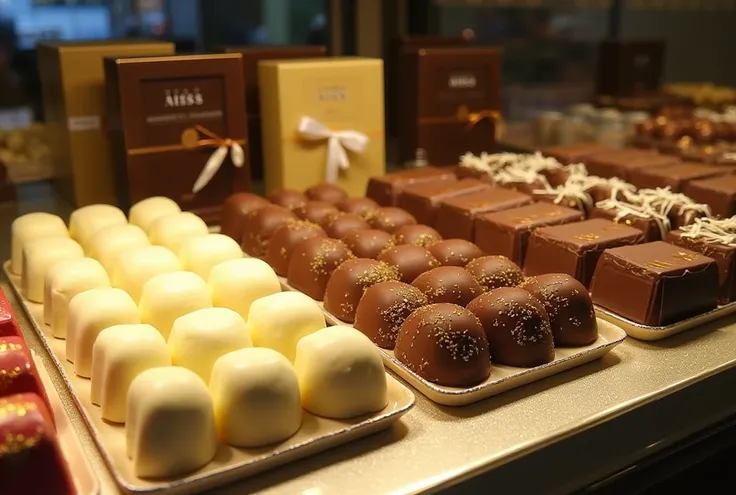  chocolate arranged in a glass showcase 。 white chocolate, heart-shaped chocolate, etc. 。High-end store。 glittering lights。There are several 、 chocolate gift sets displayed on the glass case The 。 gift set has a nice design with a ribbon hanging on the box...