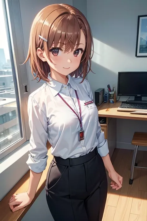 misaka mikoto、 shiny hair,  short hair, ( beautiful brown eyes、)、smile、 super detailed eyes、((hair clip)), very detailed face,  highly detailed eyes ,cowboy shot,、( One Girl )、 ,Master Piece,  top quality ,  high res, masterpiece , 



 




 In an office ...