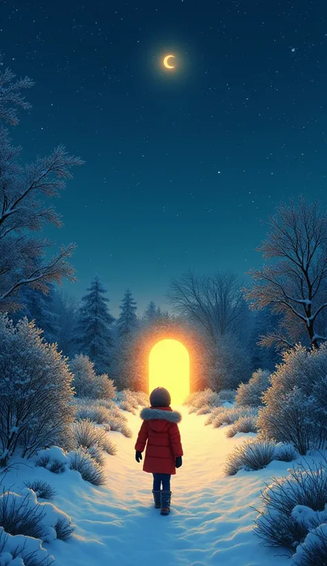 Create an image of a snowy garden under a starry night sky. The trees and bushes are covered in snow, and the ground glimmers in the moonlight. A mysterious golden glow shines brightly in the center of the garden. Mia, wearing a red winter coat and boots, ...