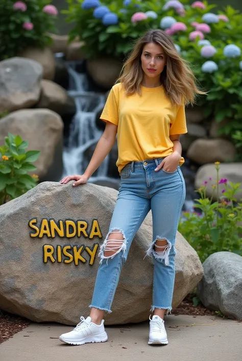  a beautiful woman wearing a yellow t-shirt ,  ripped jeans ,  and white sneakers . She is standing next to a large rock .  The stone is named SANDRA RISKY " " with clear gold capital letters .  There is a waterfall and a flower garden in the background,  ...