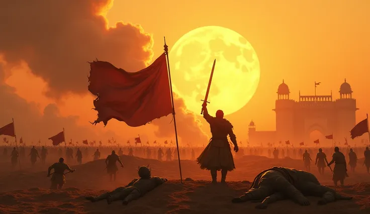 A fierce battlefield at sunset, with the golden-orange hues of the sky casting dramatic shadows. In the center, Udal stands triumphantly on the battlefield, his sword gleaming with victory, and the decapitated body of Rai Karanga lying nearby. Around him, ...