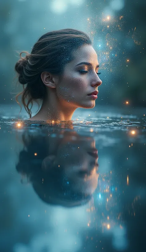 Masterpiece. Photorealism. (Double exposure:1.3), effect of a womens face superimposed on a pond,  ultra detailed，Galaxy