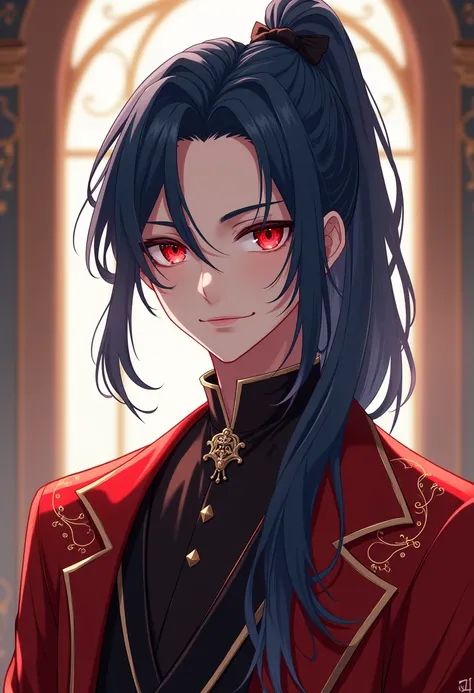  A quiet and luxurious anime young man with sharp red eyes represents long indigo hair tied with a black ribbon and covers his whole left eye with his long hair,Fair skin and wearing all the luxurious and elegant red fairy clothes like noble school clothes...