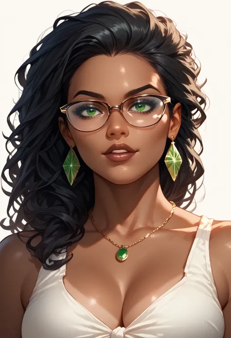 1 woman, airhead but very intelligent, mixed race Latina, olive green eyes,tan skin ,dark complexion, straightened and tied long black hair,nerd, glasses, comics style , smart 