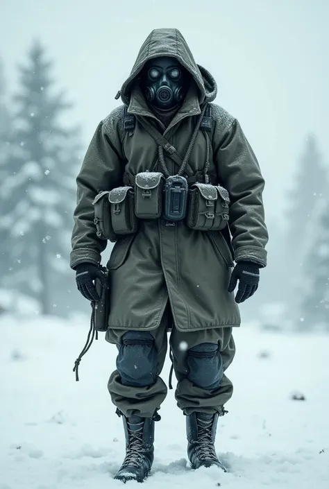 Winter military soldier with gas mask and hood on