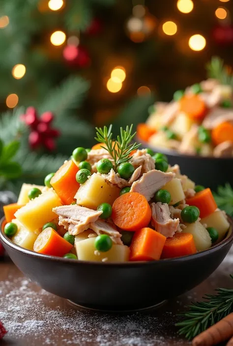 Bowl of diced potato and carrot salad with shredded chicken and peas, With Christmas background  