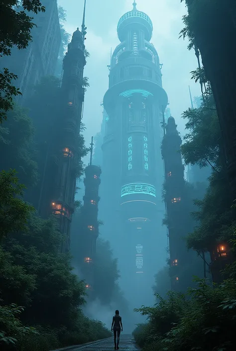 A cyberpunk extra terrestrial rain forest with extraterrestrial alien architecture  with aliens in the forest mist smog and fog with digital uv glowing lightings twilight    